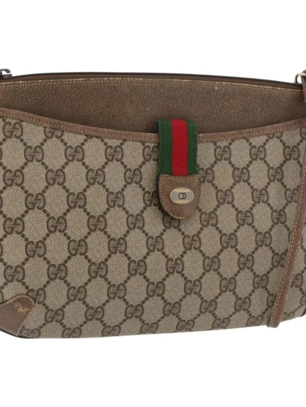 GUCCI GG Supreme Web Sherry Line Bag PVC Beige Gold 904 02 026 Auth ka4002